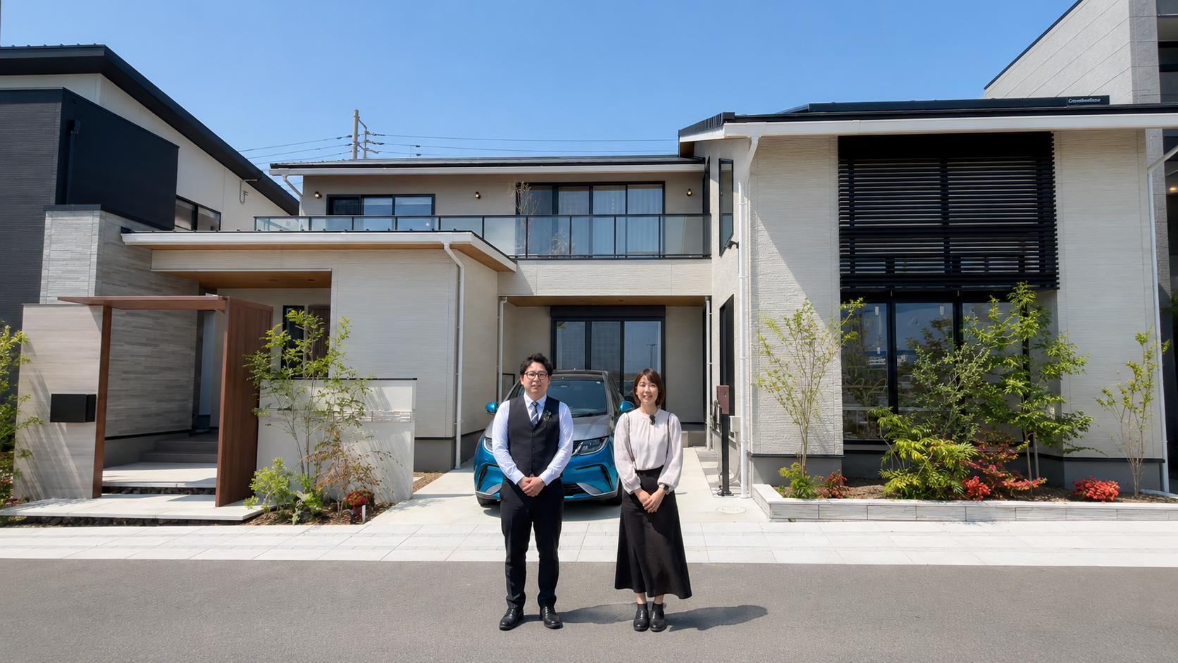展示場外観・正面、二人が横並び