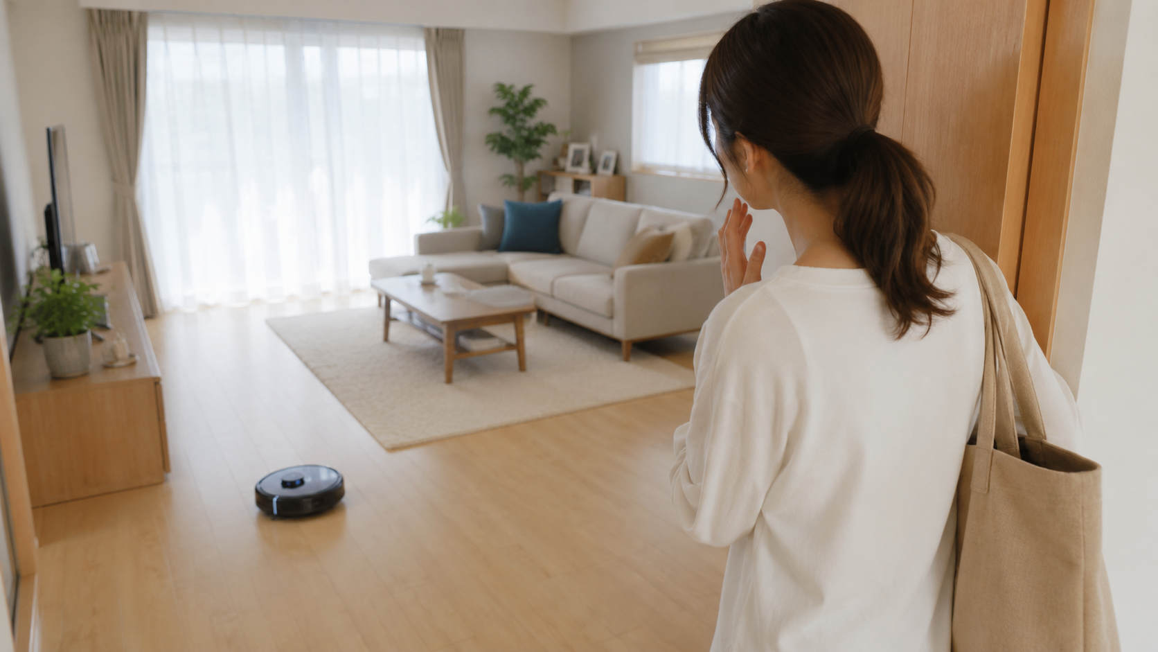 リビング入口・ロボット掃除機が動いている