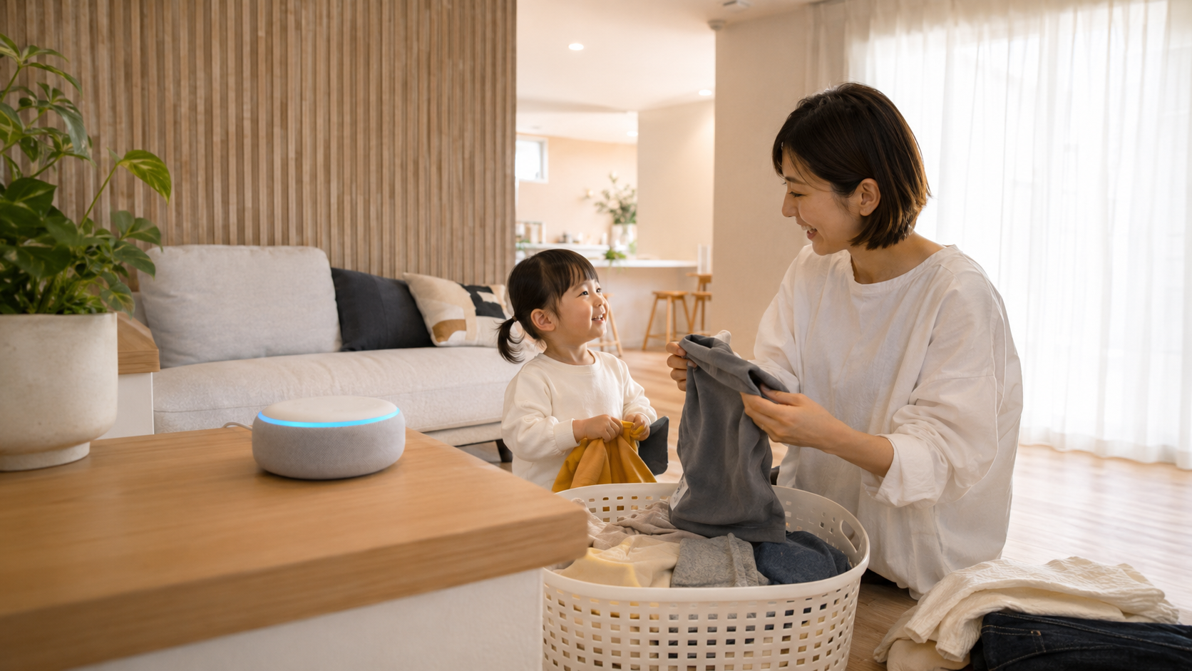 親子で洗濯物をたたみながらAlexaのある朝のルーティン